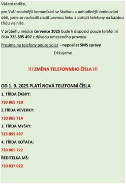 UPOZORNĚNÍ PRO RODIČE!! ZMĚNA TELEFONNÍHO ČÍSLA